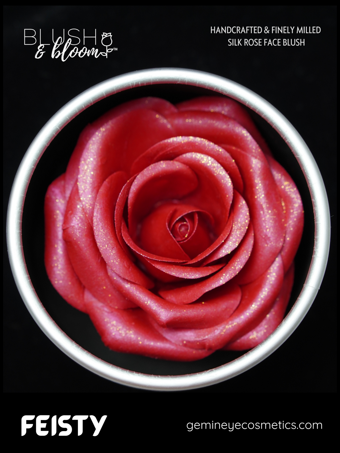 Blush&Bloom™ is an Authentic Scented Rose Blush product designed by GEM IN EYE Cosmetics. This shade is Feisty in Rose Red color. It is highly pigmented and buildable great for all skin tones and best used for medium to dark skin tones. It is a creamy powder with a matte-to-shimmer finish. It will give you that “Blushing Bride Glow”. These rose blushes were first introduced in the beauty industry in NEW YORK FASHION WEEK September 2022 Edition