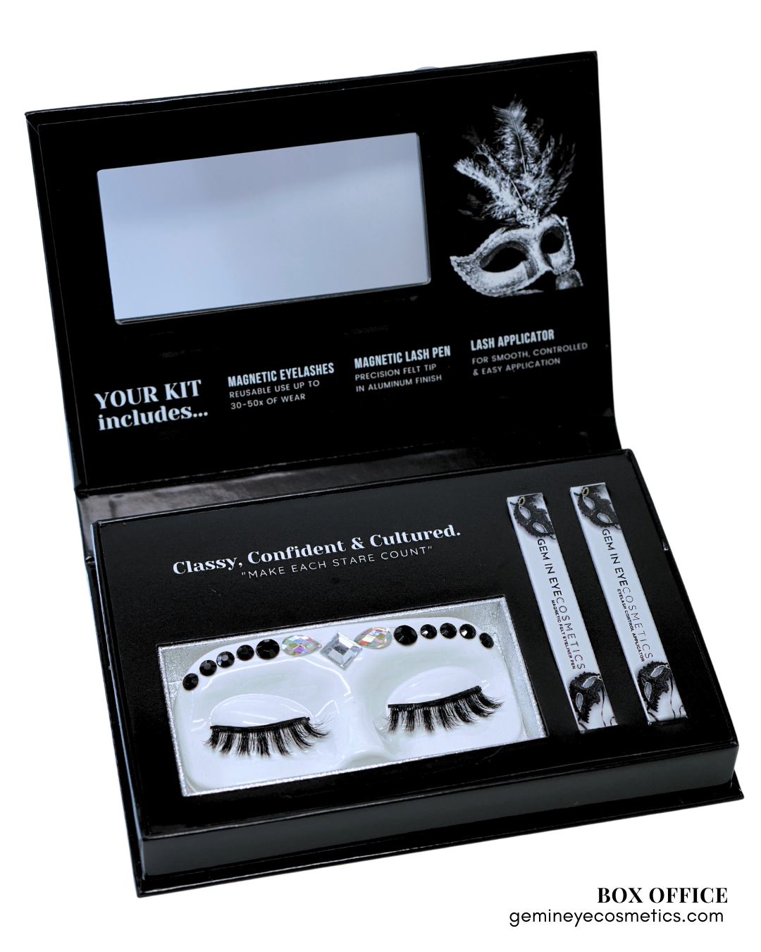 GEM IN EYE Cosmetics Lash &amp; Flash™ Magnetic Eyelashes kit has a pair of classy magnetic eyelashes in a face tray adorned with gems.
