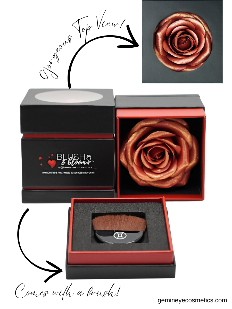 Blush&Bloom™ is an Authentic Scented Rose Blush product designed by GEM IN EYE Cosmetics. This shade is Flirty in pale peach color. It is highly pigmented and buildable great for light to fair skin tones. It is a creamy powder with a matte-to-shimmer finish. It will give you that “Natural Dewy Glow”. This blush kit comes with a flat blush brush! These rose blushes were first introduced in the beauty industry in NEW YORK FASHION WEEK September 2022 Edition