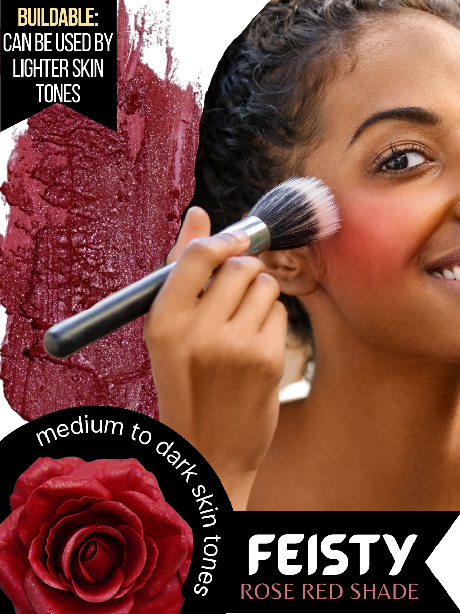 Blush&amp;Bloom™ is an Authentic Scented Rose Blush product designed by GEM IN EYE Cosmetics. This shade is Feisty in Rose Red color. It is highly pigmented and buildable great for all skin tones and best used for medium to dark skin tones. It is a creamy powder with a matte-to-shimmer finish. It will give you that “Blushing Bride Glow”. This blush kit comes with a flat blush brush! These rose blushes were first introduced in the beauty industry in NEW YORK FASHION WEEK September 2022 Edition