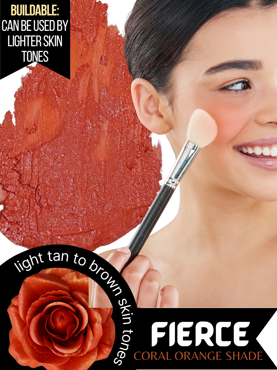 Blush&amp;Bloom™ is an Authentic Scented Rose Blush product designed by GEM IN EYE Cosmetics. This shade is Fierce in coral orange color. It is highly pigmented and buildable great for any skin tone. Best for medium to brown skin with a matte-to-shimmer finish. It will give you that “sun-kissed glow”. This blush makeup is a face blush kit with a flat brush.  