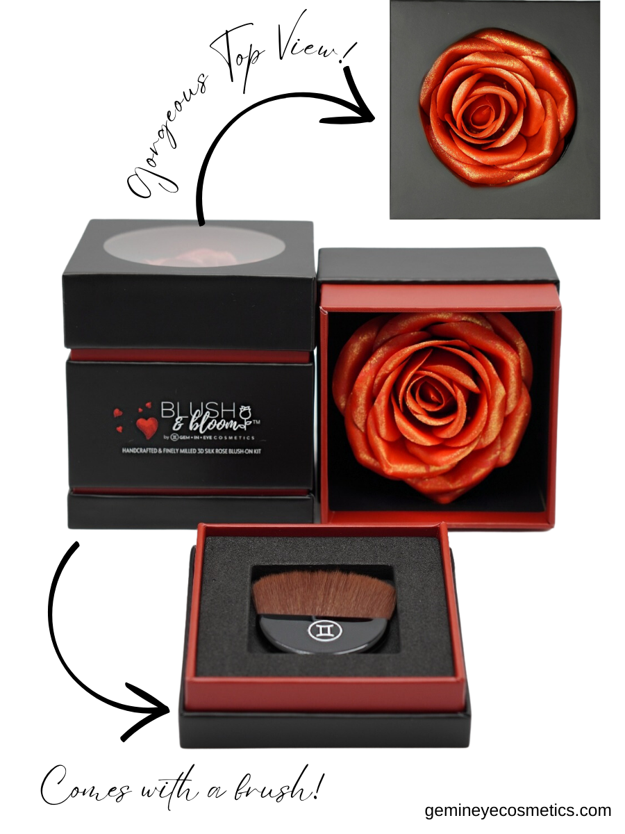 Blush&Bloom™ is an Authentic Scented Rose Blush product designed by GEM IN EYE Cosmetics. This shade is Fierce in coral orange color. It is highly pigmented and buildable great for any skin tone. Best for medium to brown skin with a matte-to-shimmer finish. It will give you that “sun-kissed glow”. This blush makeup is a face blush kit with a flat brush.