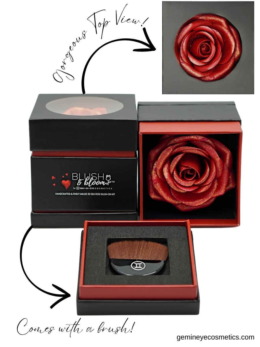 Blush&amp;Bloom™ is an Authentic Scented Rose Blush product designed by GEM IN EYE Cosmetics. This shade is Feisty in Rose Red color. It is highly pigmented and buildable great for all skin tones and best used for medium to dark skin tones. It is a creamy powder with a matte-to-shimmer finish. It will give you that “Blushing Bride Glow”. This blush kit comes with a flat blush brush! These rose blushes were first introduced in the beauty industry in NEW YORK FASHION WEEK September 2022 Edition