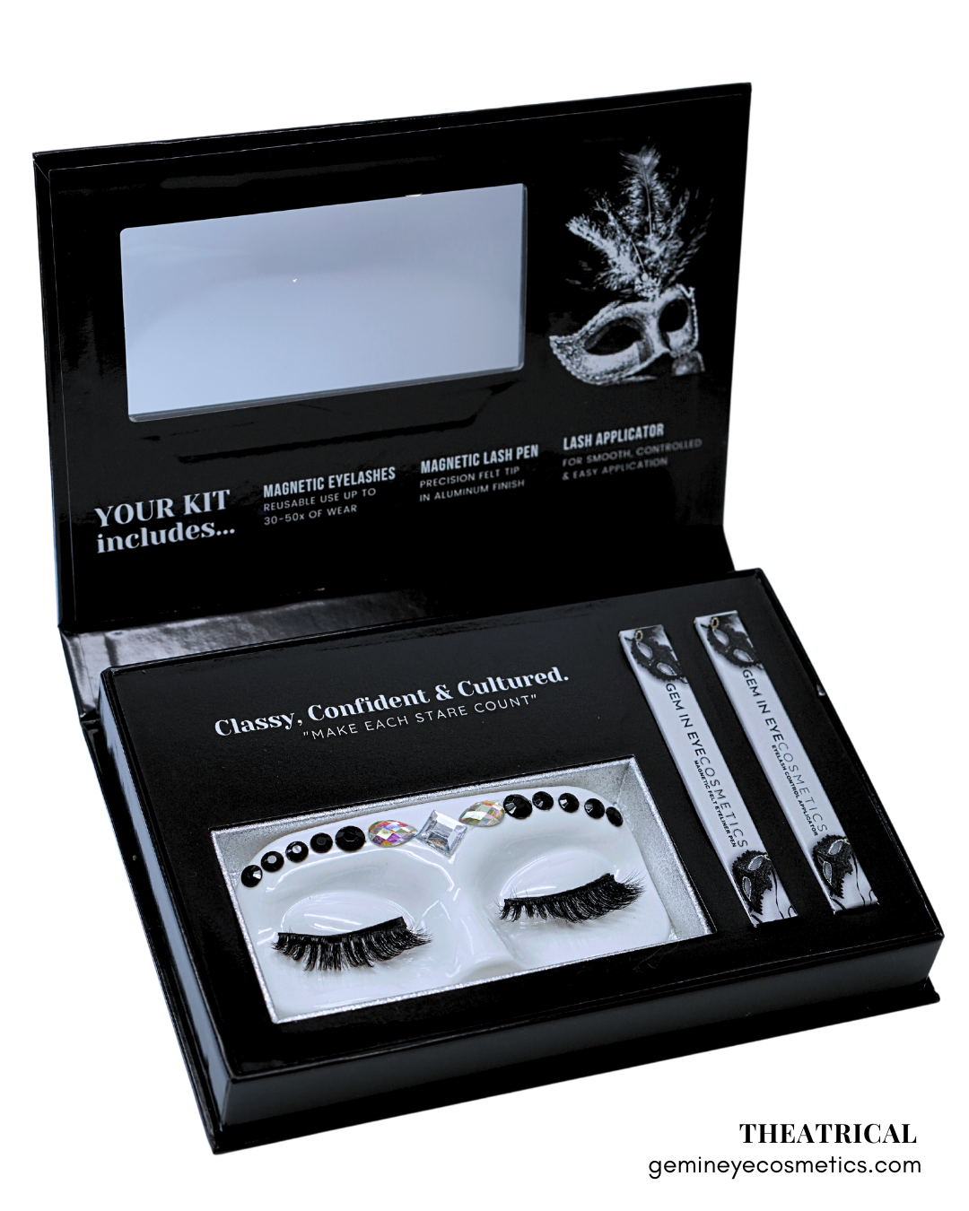 GEM IN EYE Cosmetics Lash &amp; Flash™ Magnetic Eyelashes kit has a pair of classy magnetic eyelashes in a face tray adorned with gems. This kit comes complete package with a smudge-free, waterproof, and latex-free magnetic eyeliner in an aluminum bottle in a matte finish. It has a stainless ball inside that keeps the magnetic eyeliner fresh and long-lasting. Completing the set is an angled lash applicator for precision and hassle-free application.